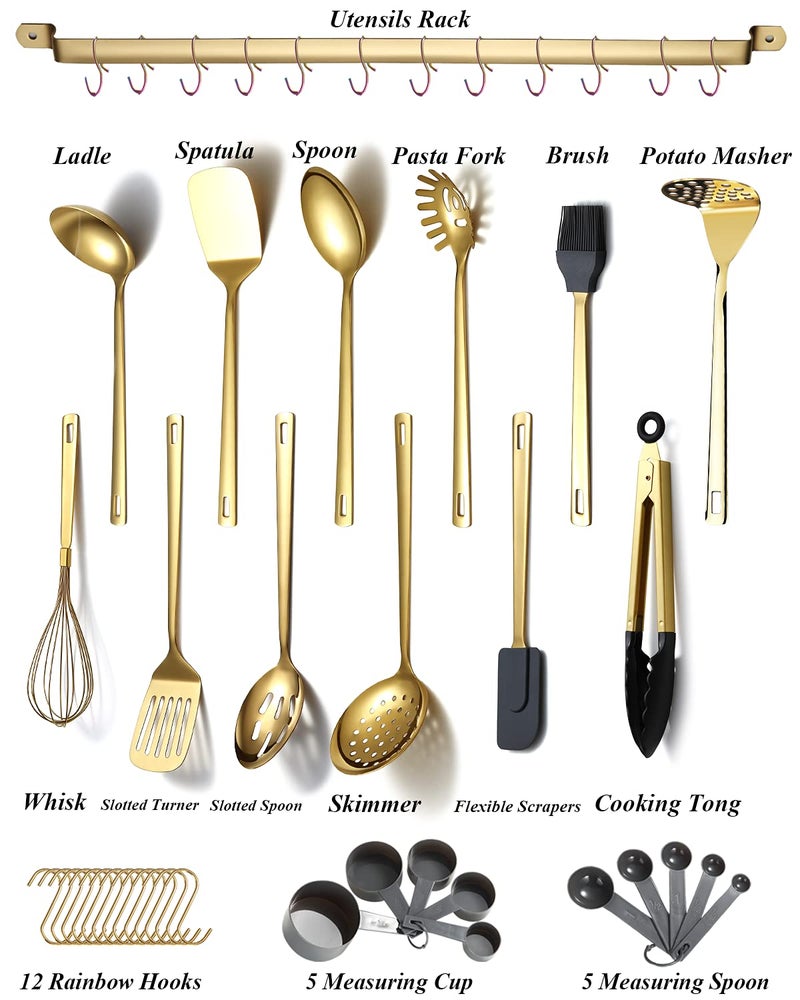 Kyraton Gold Cooking Utensils Set, Kyraton Stainless Steel 37 Pieces Kitchen Utensils Set with Titanium Gold Plating, Kitchen Gadgets Tool Set with Utensils Racks Heat Resistant Dishwasher Safe - Image 2
