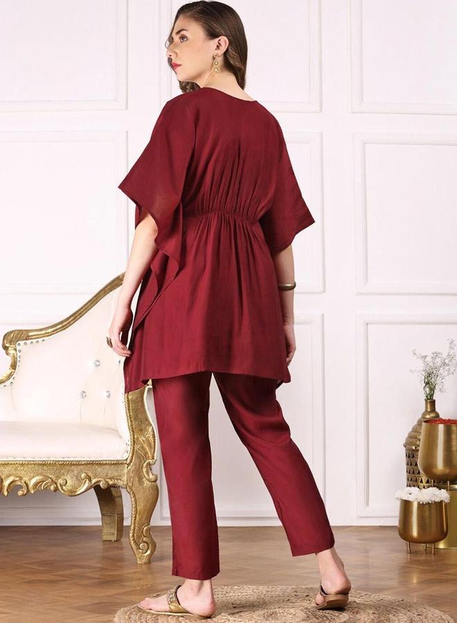 آي شين طقم كورتا وبنطال بخليط فيسكوز بلون خمري - Image 4