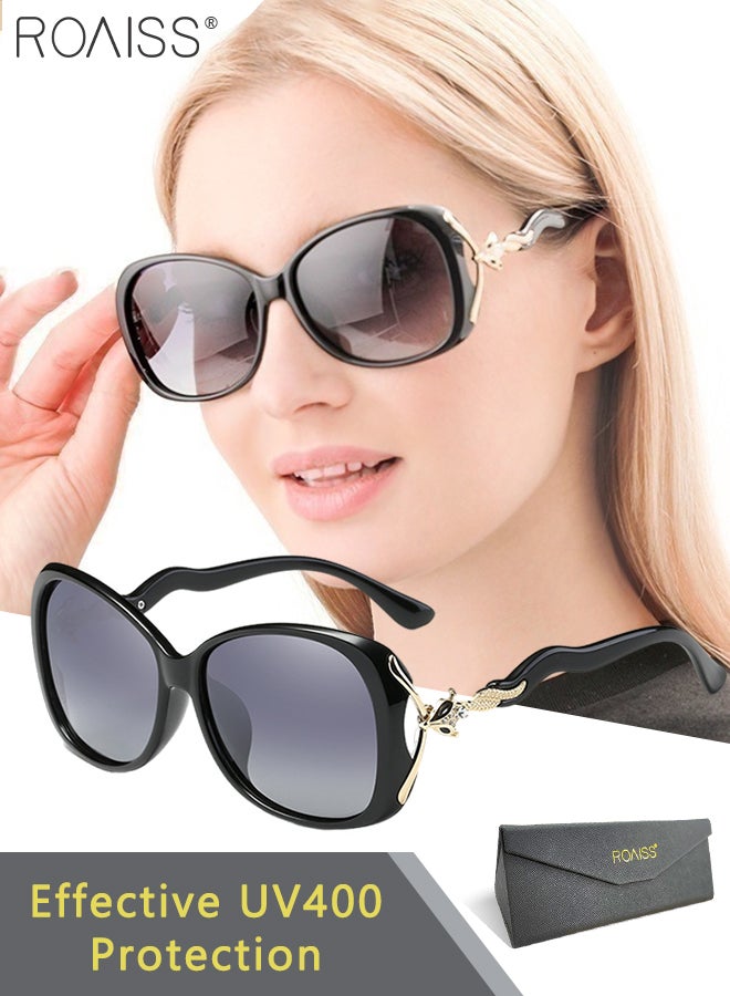 رويس نظارة شمسية مستقطبة بيضاوية نسائية، نظارة الشمس الواقية من الأشعة فوق البنفسجية 400 بإطار أسود مزين بنمط الثعلب والمعابد المتموجة، ظلال شمس مضادة للوهج عصرية أنيقة للنساء مع حافظة النظارة، 58 ملم - Image 1