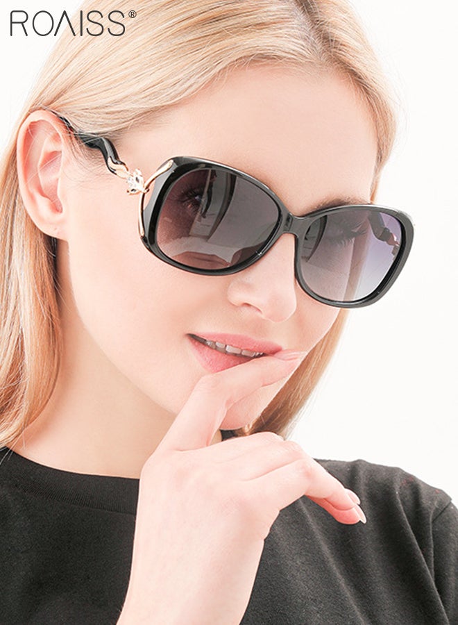 رويس نظارة شمسية مستقطبة بيضاوية نسائية، نظارة الشمس الواقية من الأشعة فوق البنفسجية 400 بإطار أسود مزين بنمط الثعلب والمعابد المتموجة، ظلال شمس مضادة للوهج عصرية أنيقة للنساء مع حافظة النظارة، 58 ملم - Image 2