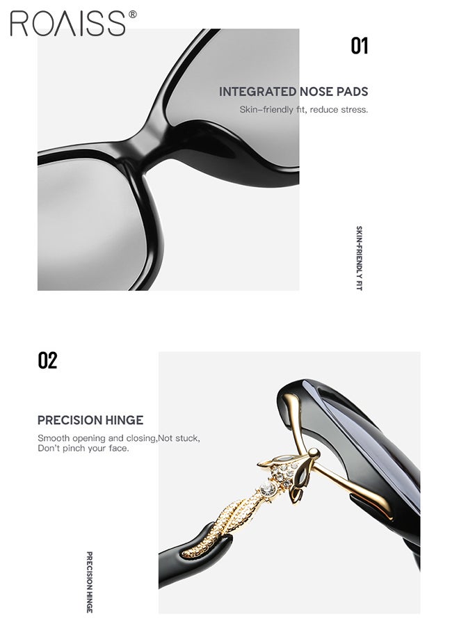 رويس نظارة شمسية مستقطبة بيضاوية نسائية، نظارة الشمس الواقية من الأشعة فوق البنفسجية 400 بإطار أسود مزين بنمط الثعلب والمعابد المتموجة، ظلال شمس مضادة للوهج عصرية أنيقة للنساء مع حافظة النظارة، 58 ملم - Image 4