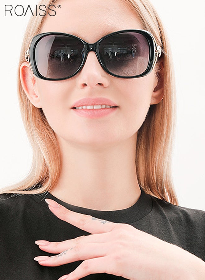 رويس نظارة شمسية مستقطبة بيضاوية نسائية، نظارة الشمس الواقية من الأشعة فوق البنفسجية 400 بإطار أسود مزين بنمط الثعلب والمعابد المتموجة، ظلال شمس مضادة للوهج عصرية أنيقة للنساء مع حافظة النظارة، 58 ملم - Image 5