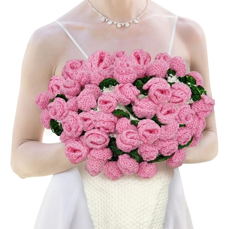 Crochet Rose Flower Bouquet Blanket: 32 Inch Knitted Bouquet Blanket (Pink) - Image 1