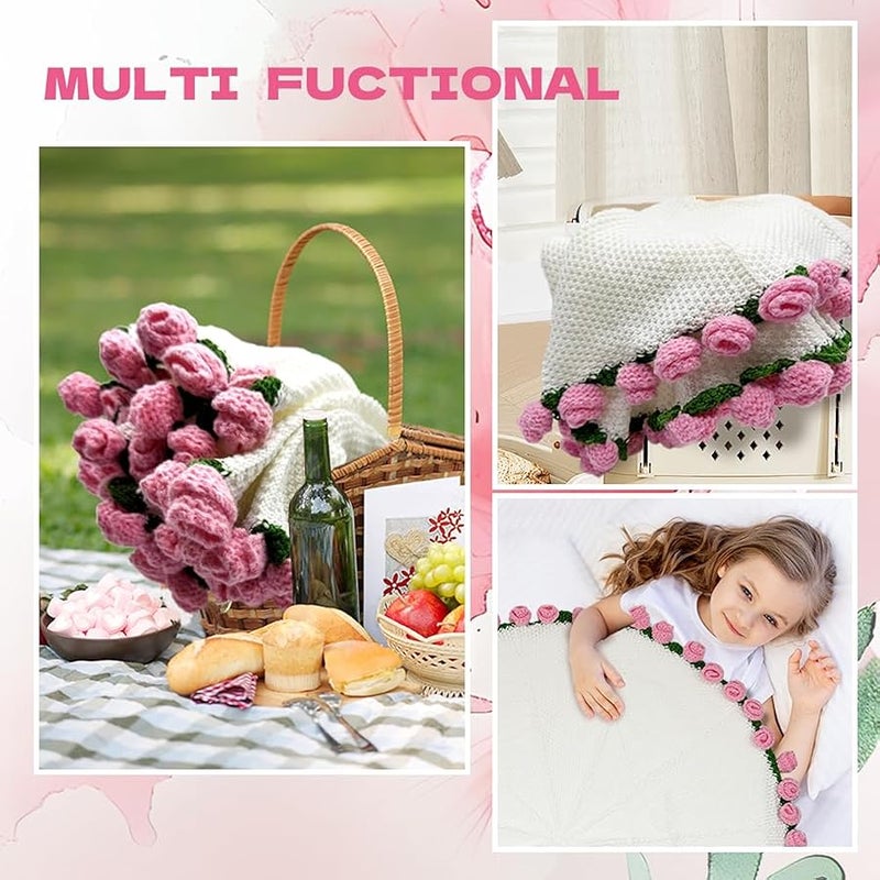 Crochet Rose Flower Bouquet Blanket: 32 Inch Knitted Bouquet Blanket (Pink) - Image 4