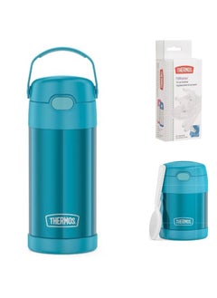 THERMOS Thermos F4016VI6 12 oz Funtiner Water Bottle + Thermos Funtiner 10 oz Vacuum Insulated Baby Food Container with Collapsible Spoon - Teal, Stainless Steel + Gift (Clear Replacement Straws)  - Image 1