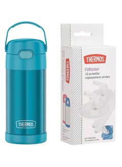 THERMOS Thermos F4016VI6 12 oz Funtiner Water Bottle + Thermos Funtiner 10 oz Vacuum Insulated Baby Food Container with Collapsible Spoon - Teal, Stainless Steel + Gift (Clear Replacement Straws)  - Image 2