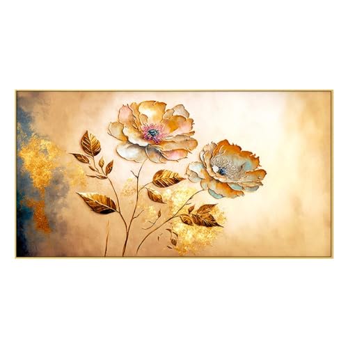DEKORSTATION Canvas with Acrylic Floral Painting for Living Room Wall Decoration Golden Flower Abstract Floating Frame Wall Paintings for Home and Office Decor Size : 12x24 Inches - Image 2