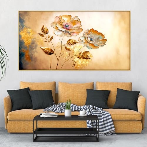 DEKORSTATION Canvas with Acrylic Floral Painting for Living Room Wall Decoration Golden Flower Abstract Floating Frame Wall Paintings for Home and Office Decor Size : 12x24 Inches - Image 1