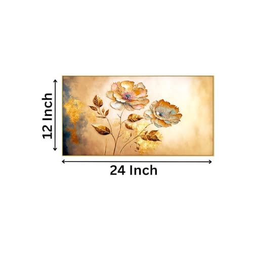 DEKORSTATION Canvas with Acrylic Floral Painting for Living Room Wall Decoration Golden Flower Abstract Floating Frame Wall Paintings for Home and Office Decor Size : 12x24 Inches - Image 3