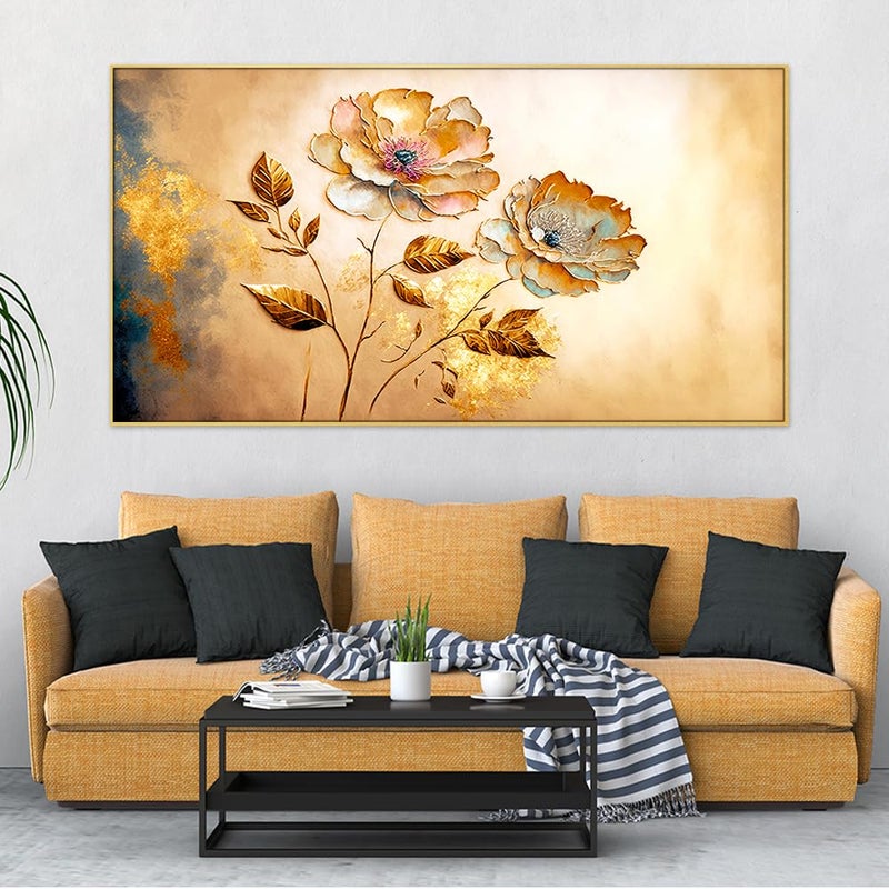 DEKORSTATION Canvas with Acrylic Floral Painting for Living Room Wall Decoration Golden Flower Abstract Floating Frame Wall Paintings for Home and Office Decor Size : 12x24 Inches - Image 4
