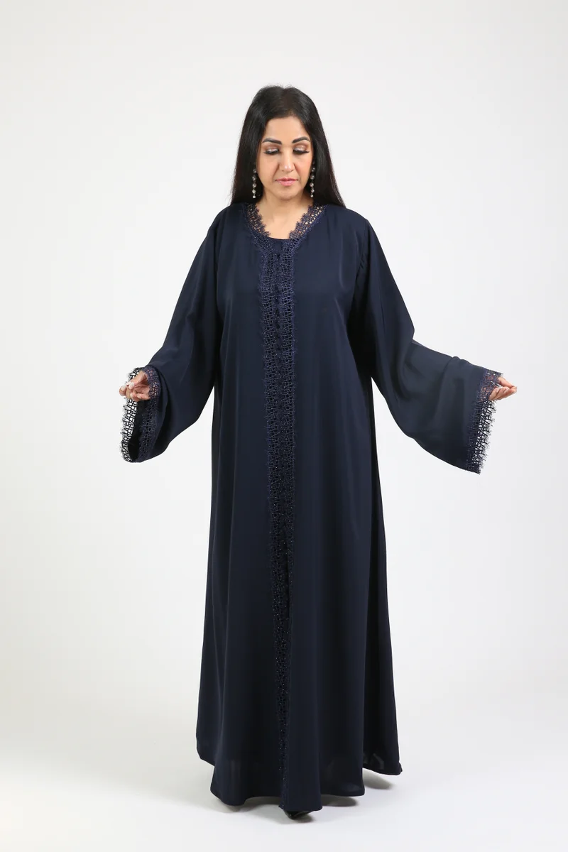 Nikias Navy Blue Nida Abaya with sequence Lace Detailing