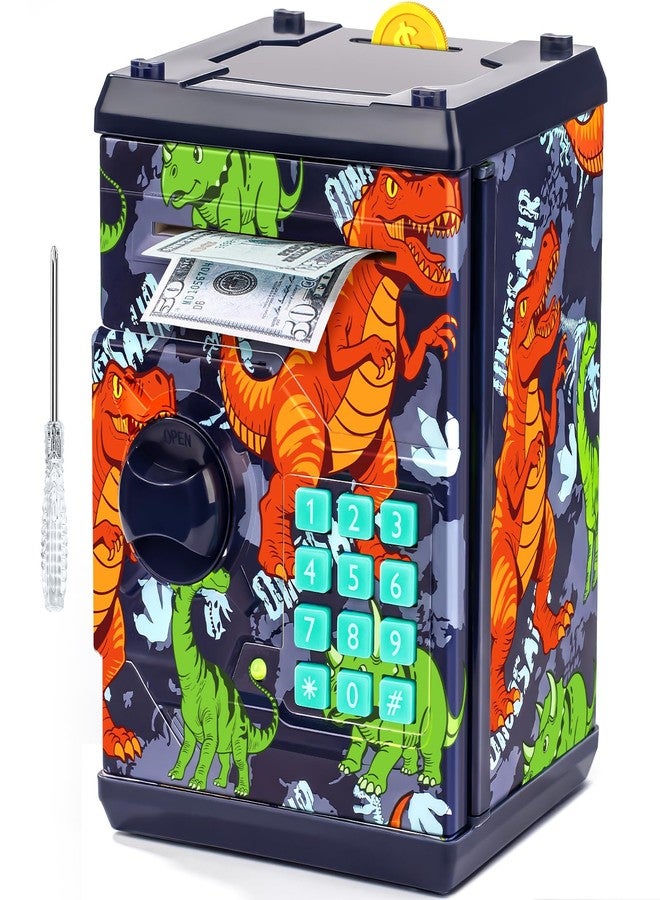 Vcertcpl ATM Piggy Bank for Boys Girls, Vcertcpl Mini ATM Coin Bank Money Saving Box with Password, Kids Safe Money Jar for Adults with Auto Grab Bill Slot, Great Gift Toy Bank for Kids(Dinosaur Blue) - Image 1
