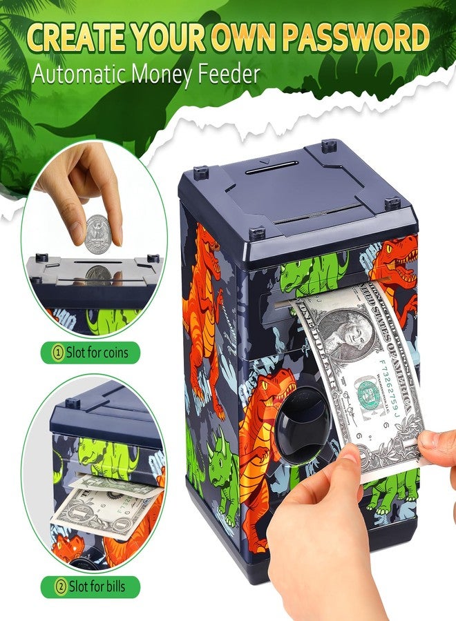 Vcertcpl ATM Piggy Bank for Boys Girls, Vcertcpl Mini ATM Coin Bank Money Saving Box with Password, Kids Safe Money Jar for Adults with Auto Grab Bill Slot, Great Gift Toy Bank for Kids(Dinosaur Blue) - Image 3