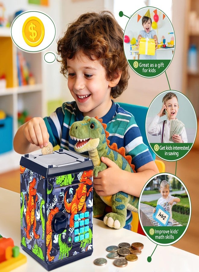 Vcertcpl ATM Piggy Bank for Boys Girls, Vcertcpl Mini ATM Coin Bank Money Saving Box with Password, Kids Safe Money Jar for Adults with Auto Grab Bill Slot, Great Gift Toy Bank for Kids(Dinosaur Blue) - Image 4