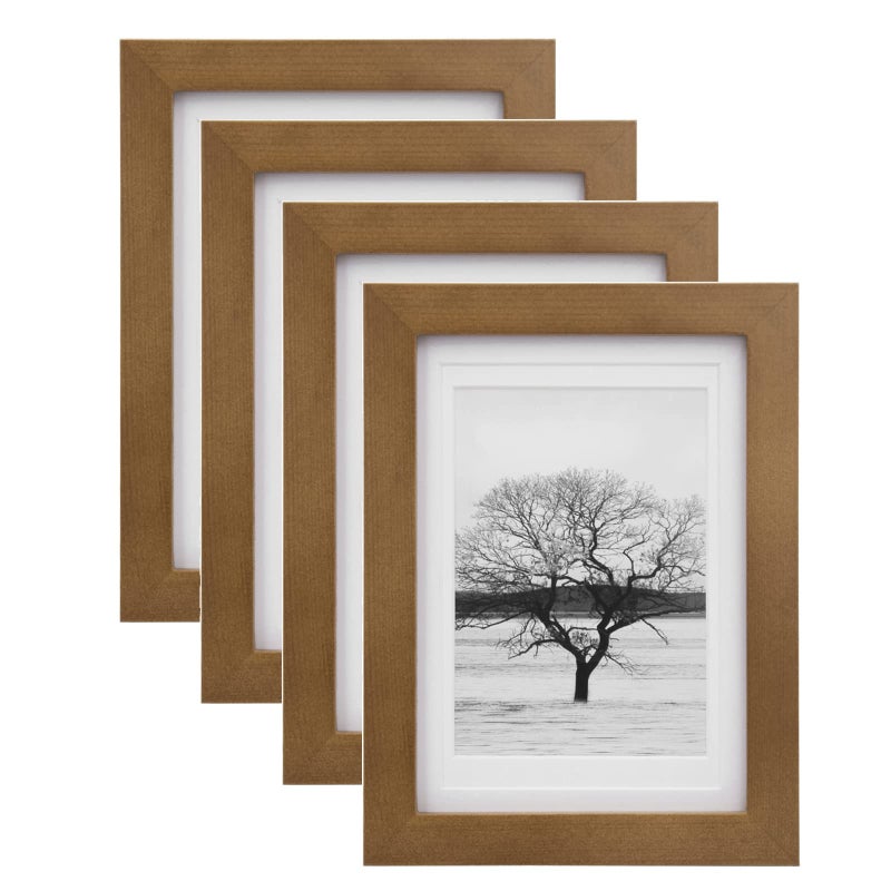 Egofine Egofine 5x7 Picture Frames 4 Pack Made of Solid Wood Covered by Plexiglass Matted for 4x6 or 35x5 for Table Top Display and Wall Mounting Photo Frame Light Brown 