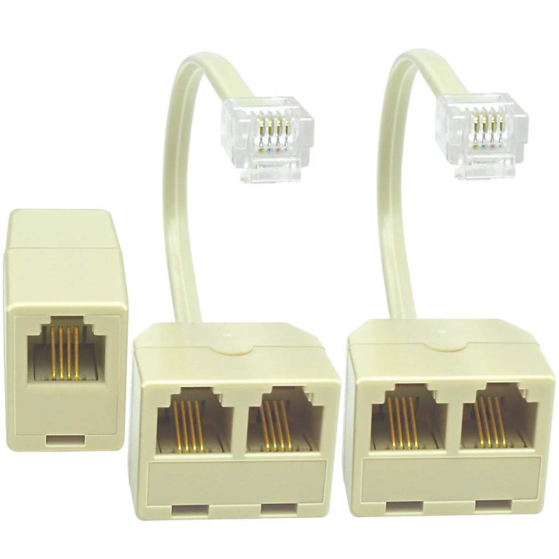 NECABLES 2+1Pack 2pcs Phone Line Splitter 1 to 2 RJ11 6P4C 1 Male to 2 Females with 5in Pigtail and 1pc Phone Line Coupler for Landline and Fax Ivory - Image 1
