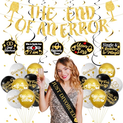 Yoirrat Divorce Party Decorations for Men Women Black Gold Divorced Banner Balloons Swirls Just Divorced Sash The End of An Error Divorce Banner Funny Divorce Gifts Breakup Party Decorations Supplies - Image 1