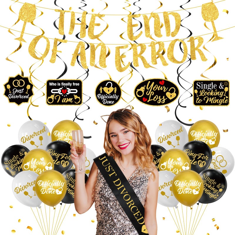 Yoirrat Divorce Party Decorations for Men Women Black Gold Divorced Banner Balloons Swirls Just Divorced Sash The End of An Error Divorce Banner Funny Divorce Gifts Breakup Party Decorations Supplies - Image 2