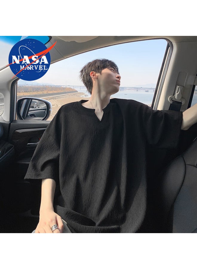 Nasa Marvel Short-sleeve T-shirt For Men, Summer Casual Simple Breathable Half-sleeve V-neck Top Outdoor Casual Wear, Black, L - Image 5