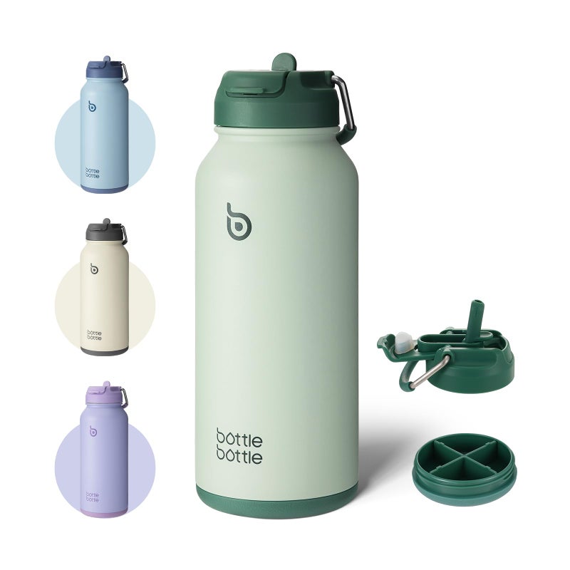 BOTTLE BOTTLE 32 oz Insulated Water Bottle Stainless Steel Sport Water Bottle with Straw Dual-use Lid Design for Gym with Pill Box (green) - Image 1