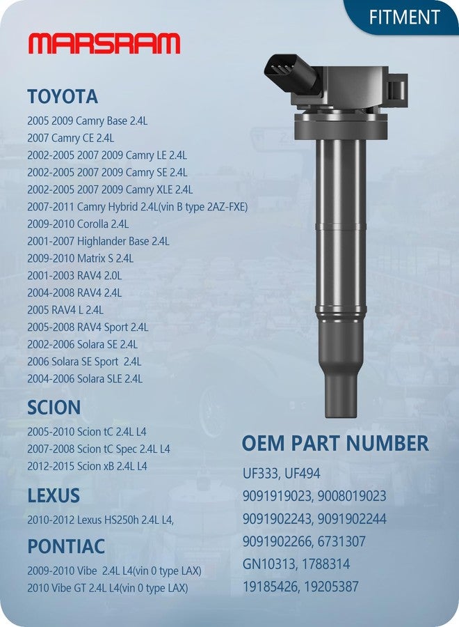 Marsram مجموعة ملفات إشعال Marsram UF333 لسيارات تويوتا RAV4 كامري كورولا سولارا هايلاندر ماتريكس موديلات 2001-2010، ولسيارات لكزس HS250h سعة 2.0 لتر و2.4 لتر، UF494، 9091902244، 9091902266، 4 قطع - Image 2