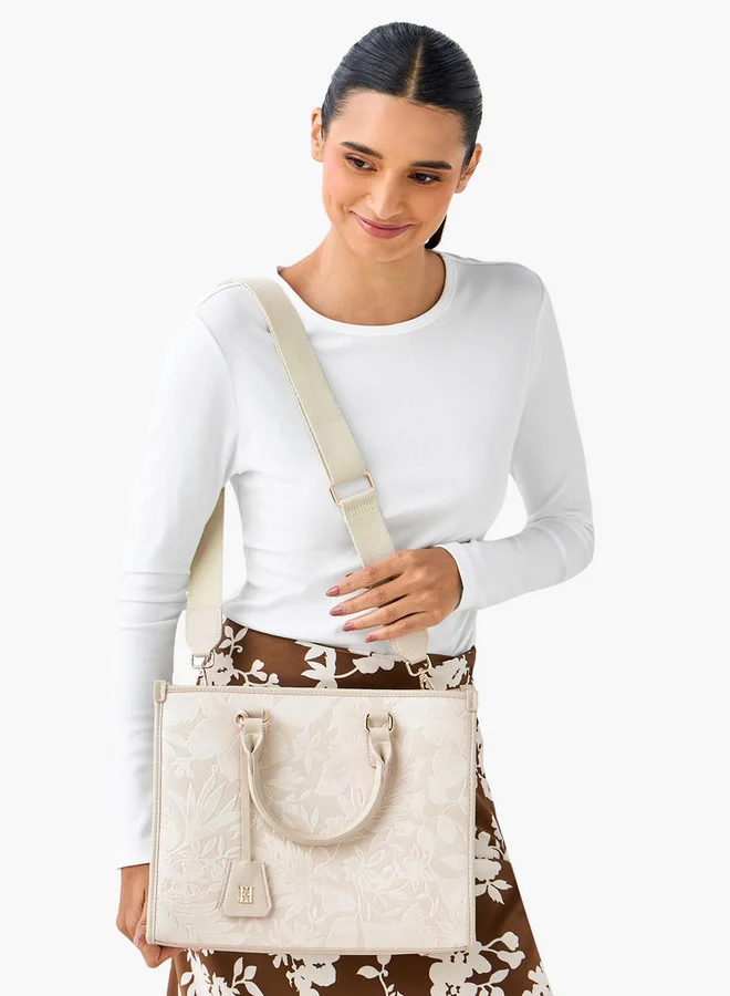 ايل Floral Embossed Tote Bag with Double Handles