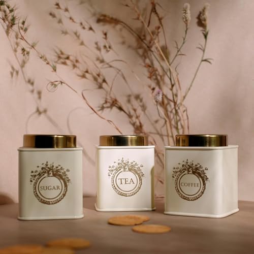 Elan Dreamer Tea, Sugar & Coffee Air-Tight Canister, Stainless Steel, Set of -3, 650ml Each (Off-White) - Image 1
