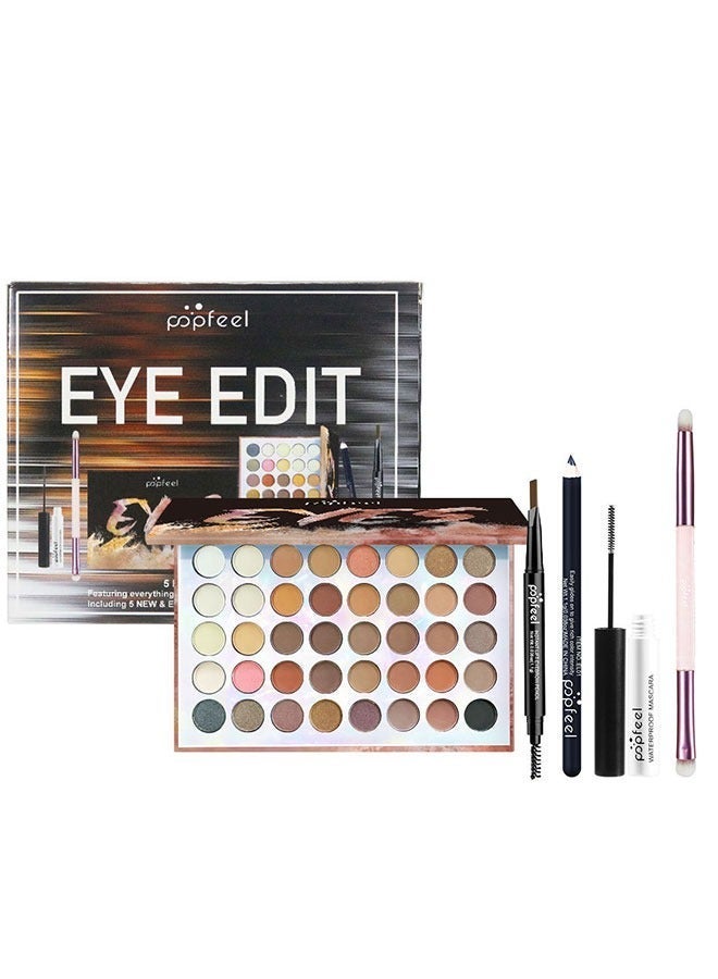 popfeel 5-Piece Eye Makeup Kit, Fast 5-Minute Application, Long-Lasting Wear, With Mascara, Brush, Eyebrow Pencil, Eyeliner Pen,40-Color Eyeshadow Palette (Earth/Milk Tea Tones) - Image 1
