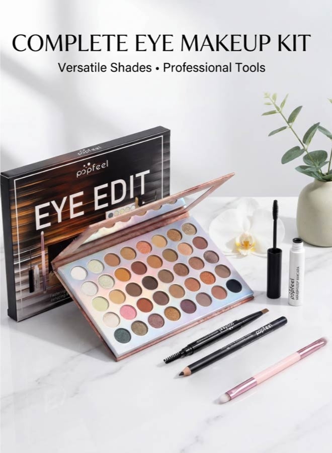 popfeel 5-Piece Eye Makeup Kit, Fast 5-Minute Application, Long-Lasting Wear, With Mascara, Brush, Eyebrow Pencil, Eyeliner Pen,40-Color Eyeshadow Palette (Earth/Milk Tea Tones) - Image 2