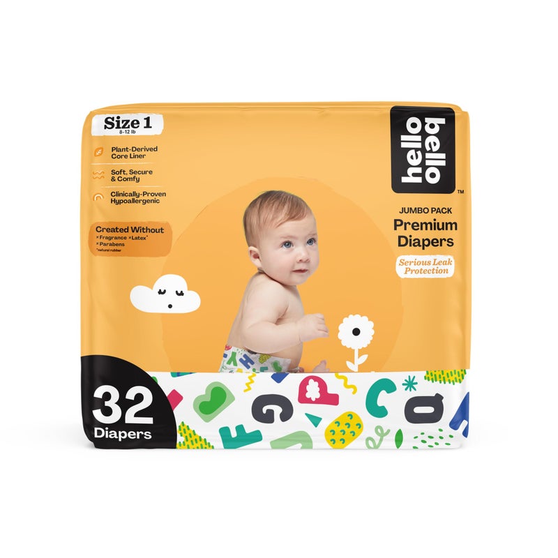 Hello Bello Premium Baby Diapers Size 1, 32 Count of Disposable, Extra-Absorbent, Hypoallergenic Baby Diapers with Snug and Comfort Fit, Alphabet Soup - Image 1
