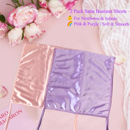 Okueejur 2 Pcs Satin Bassinet Sheet Baby Hair Protect Soft Silk Feeling Sheet Baby Bassinet for Rectangle Cradle Pad Mattress Newborn Infant (Pink+Purple) - Image 2