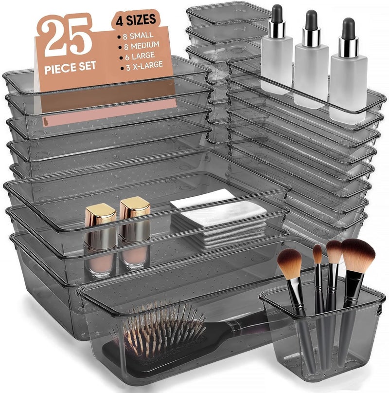 JIALTO 25-Piece Acrylic Drawer Organizer Tray Set – Multipurpose Clear Plastic Storage Bins for Makeup, Cosmetics, Jewelry, Kitchen, Office, Bathroom & Dressing Table Drawer Organizer (Black) - Image 1