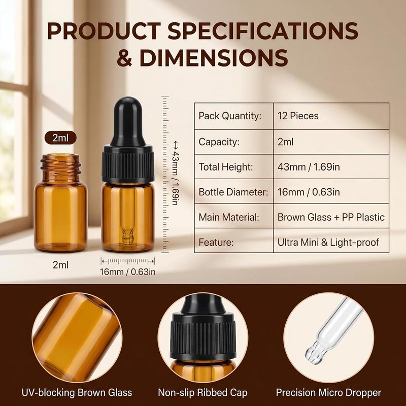 ericotry 2ml 5/8 Dram Refillable Amber Glass Essential Oil Bottles with Glass Eyed Droppers Makeup Cosmetic Sample Container Bottle Jar for Essential Oil Aromatherapy Use Pack of 12 (2ml) - Image 2