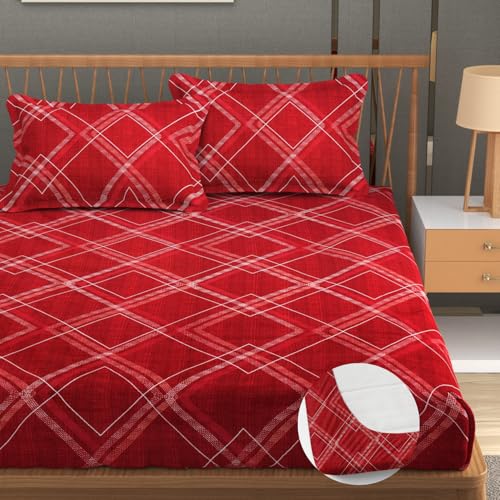 Furnofy Premium Fitted Double Bedsheet Set – 78" x 72" + 6" Deep Pocket with 2 Pillow Covers – Elegant Red & White Design - Image 1