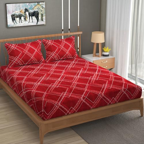 Furnofy Premium Fitted Double Bedsheet Set – 78" x 72" + 6" Deep Pocket with 2 Pillow Covers – Elegant Red & White Design - Image 2