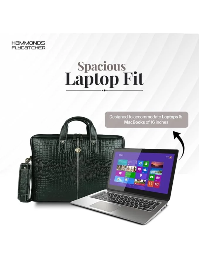 HAMMONDS FLYCATCHER Leather Laptop Bag for Men - Office Bag - Fits Up to 14/15.6 Inch Laptop/MacBook - Laptop Messenger Bags/Leather Bag for Men with Adjustable Shoulder Strap-Croc Green