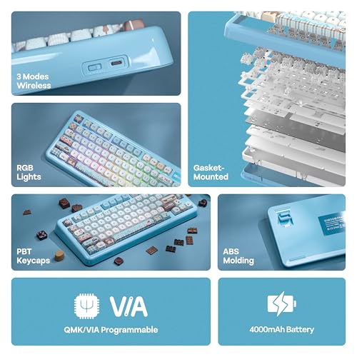KiiBoom Phantom81 Lite 75% Gasket Mechanical Keyboard, QMK&VIA Programmable, 3 Modes Wireless Gaming Keyboard, RGB Backlights, ABS Case + UV Tech, Hot-Swappable for Windows/Mac/Linux (Blue) - Image 3