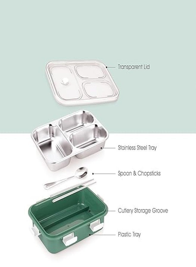 QUALIZA 3 Compartment Stainless Steel Lunch Box, Leakage Proof Lunch Box for School Kids and Adults Pack of 1,1500ML - Image 3