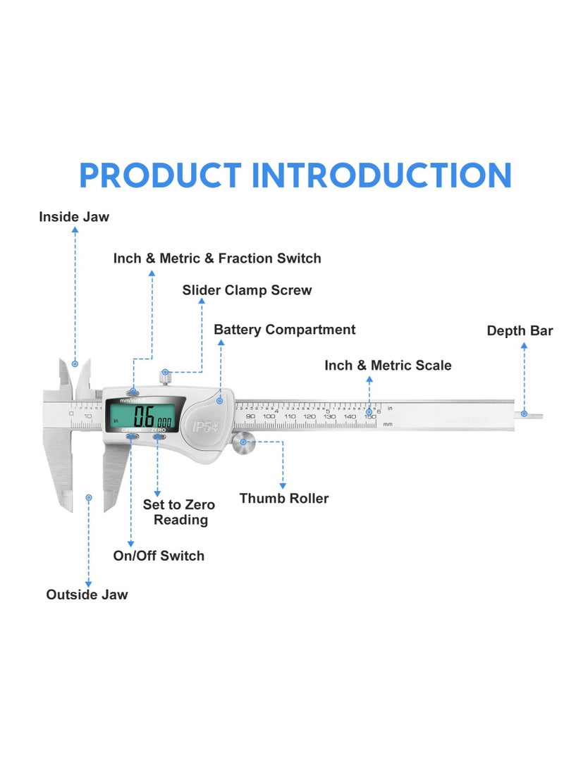 Generic - 6 Inch Digital Caliper Stainless Steel Measuring Tool with IP54 Water Resistance Easy Inch to Millimeter Conversion Large Display - Image 1