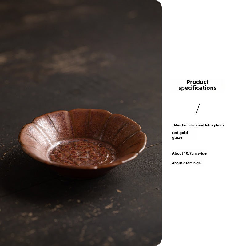 Ceramic Dessert Plate Snack Dish Retro Tea CoasterMini Wrapping Branch Lotus Dish-Red Gold Glaze Mini Wrapping Branch Lotus Dish-Red Gold Glaze 