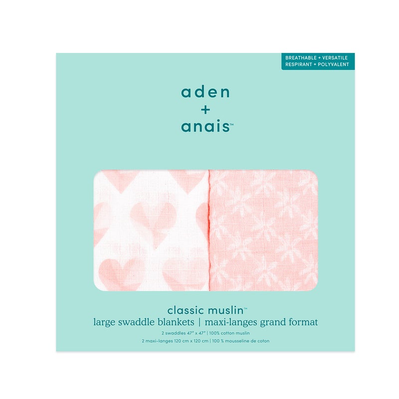 aden + anais Swaddle Blanket, Boutique Muslin Blankets for Girls & Boys, Baby Receiving Swaddles, Ideal Newborn & Infant Swaddling Set, Perfect Shower Gifts, 2 Pack, Piece of My Heart - Image 3