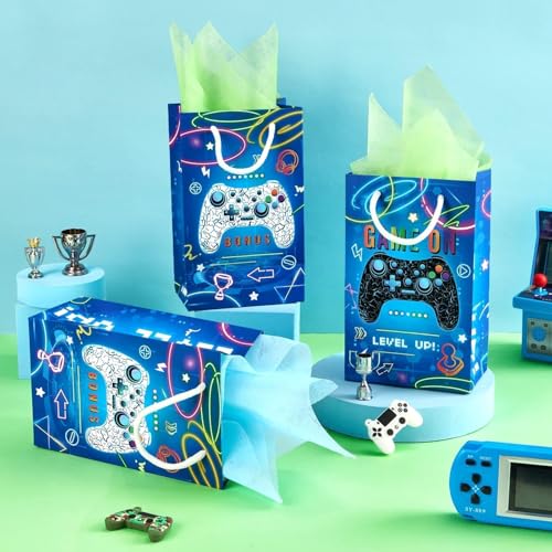 WERNNSAI Video Game Party Favor Bags - 16 PCS Blue Game Birthday Decorations Gift Bags for Kids Boys Gaming Party Supplies Video Game Goodie Bags with Handle for Game On Birthday Baby Shower Supplies - Image 4