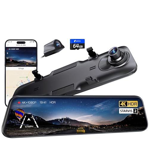 Pelsee S12 Pro Mirror Dash Cam with STARVIS 2 Sensor, Rear View Mirror Camera 5.8GHz WiFi, 4K Front and 1080P Rear Backup Camera for Car, ADAS &BSD, Voice Control, Color Night Vision, 64G Meomory Card - Image 1
