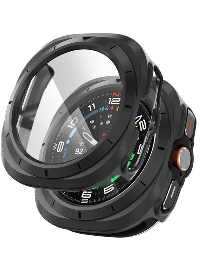 Tempered Glass Screen Protector with Hard Polycarbonate Cover, Scratch Resistant and Anti-Slip for Samsung Galaxy Watch 7 Ultra - Black - Image 2