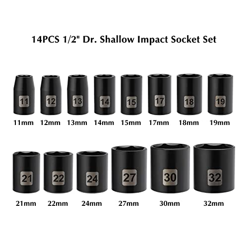 EMENTOL 14 PCS 1/2" Drive Standard Impact Socket Set, Metric, CR-V, 1/2-Inch Drive Shallow Impact Socket Set, 11mm - 32mm - Image 2