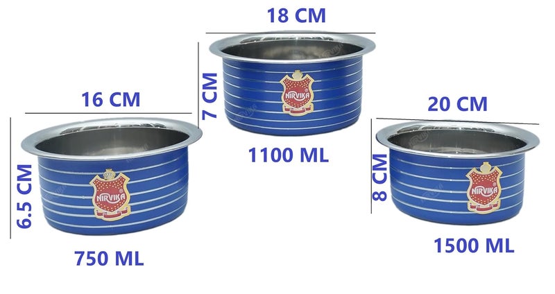 Nirvika Stainless Steel Powder Coating Blue Tope with Lid Cooking Serving Bowl Cookware Set of 3 Pieces with Lid Size 0750 L 1100 L 1500 L BlueStainless Steel NonStick - Image 2