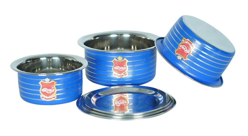 Nirvika Stainless Steel Powder Coating Blue Tope with Lid Cooking Serving Bowl Cookware Set of 3 Pieces with Lid Size 0750 L 1100 L 1500 L BlueStainless Steel NonStick - Image 5