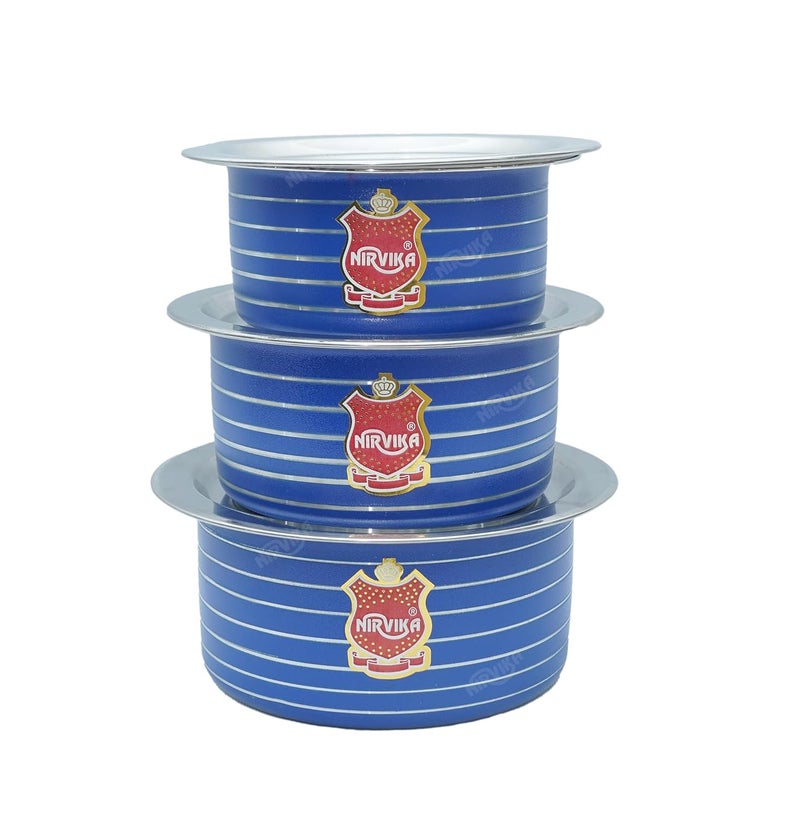 Nirvika Stainless Steel Powder Coating Blue Tope with Lid Cooking Serving Bowl Cookware Set of 3 Pieces with Lid Size 0750 L 1100 L 1500 L BlueStainless Steel NonStick - Image 1