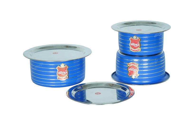 Nirvika Stainless Steel Powder Coating Blue Tope with Lid Cooking Serving Bowl Cookware Set of 3 Pieces with Lid Size 0750 L 1100 L 1500 L BlueStainless Steel NonStick - Image 4