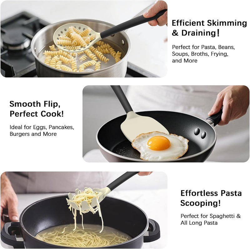 Coukre Silicone Kitchen Cooking Utensils Set with Holder – Heat-Resistant, Food-Grade Kitchen Tools, Spatula, Spoon & Gadgets for Non-Stick Pans, Dishwasher Safe (14, Beige) - Image 3